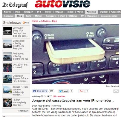 Media trappen massaal in iPhone-in-cassettedeck-hoax