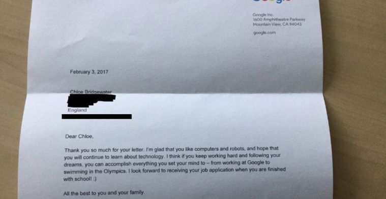 CEO Google stuurt brief naar 7-jarige sollicitante