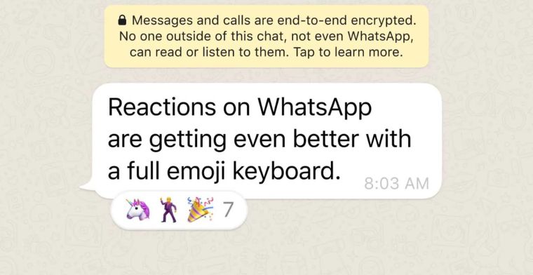 WhatsApp laat je nu elke emoji als reactie onder een bericht zetten