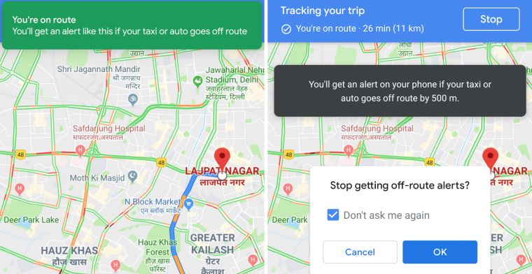 Google test naast snelheidsmeter een taxi-controle in Maps